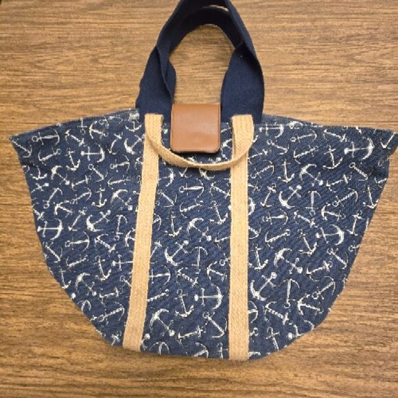 Women's Blue/White Anchor Print Canvas/Jute Trim Tote Bag - Size Large NWOT - Picture 1 of 11